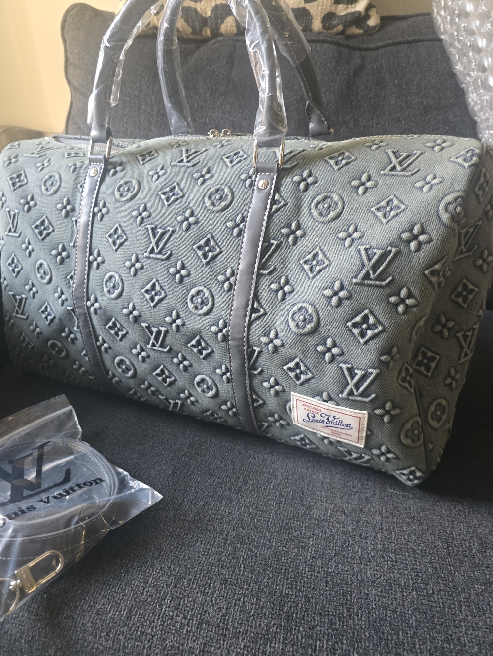 Cotton Denim Design All Kept 50 Traveler Embo Monogram Stonewashed Delux Duffel - Picture 7 of 16